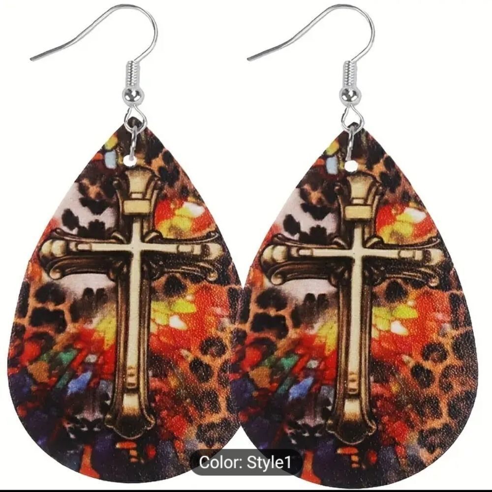 Cross earrings teardrop women's faux leather new d81‎